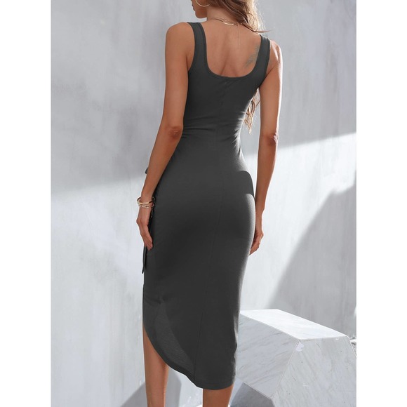 Wrap Tie Side Ruched Tank midi Dress boho black - Picture 7 of 11
